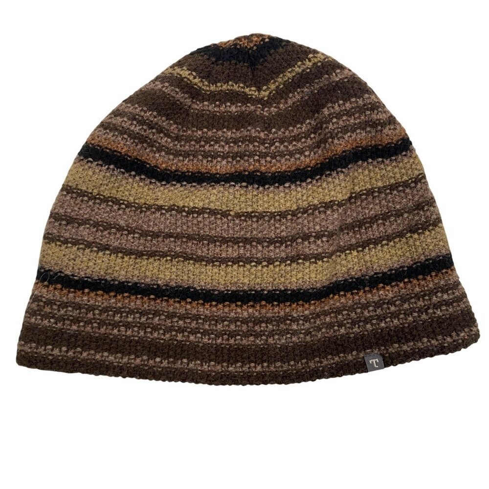 Toad & Co Lambswool fleece band striped textured beanie knit hat brown striped